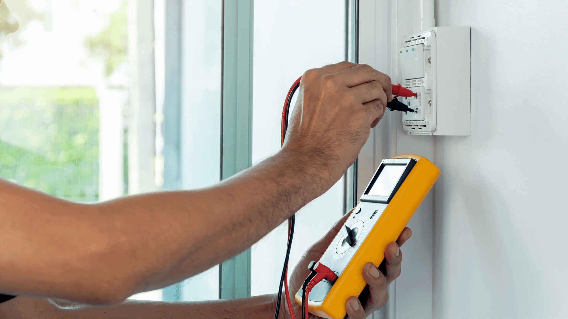 Person testing an electrical socket with red and black probes connected to a mustimeter 